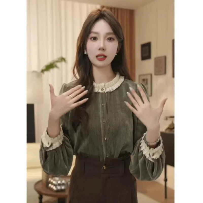 

Retro Lace Pleated Collar Long-sleeved Shirt for Women Autumn Winter Chic Design Commuting Temperament Top