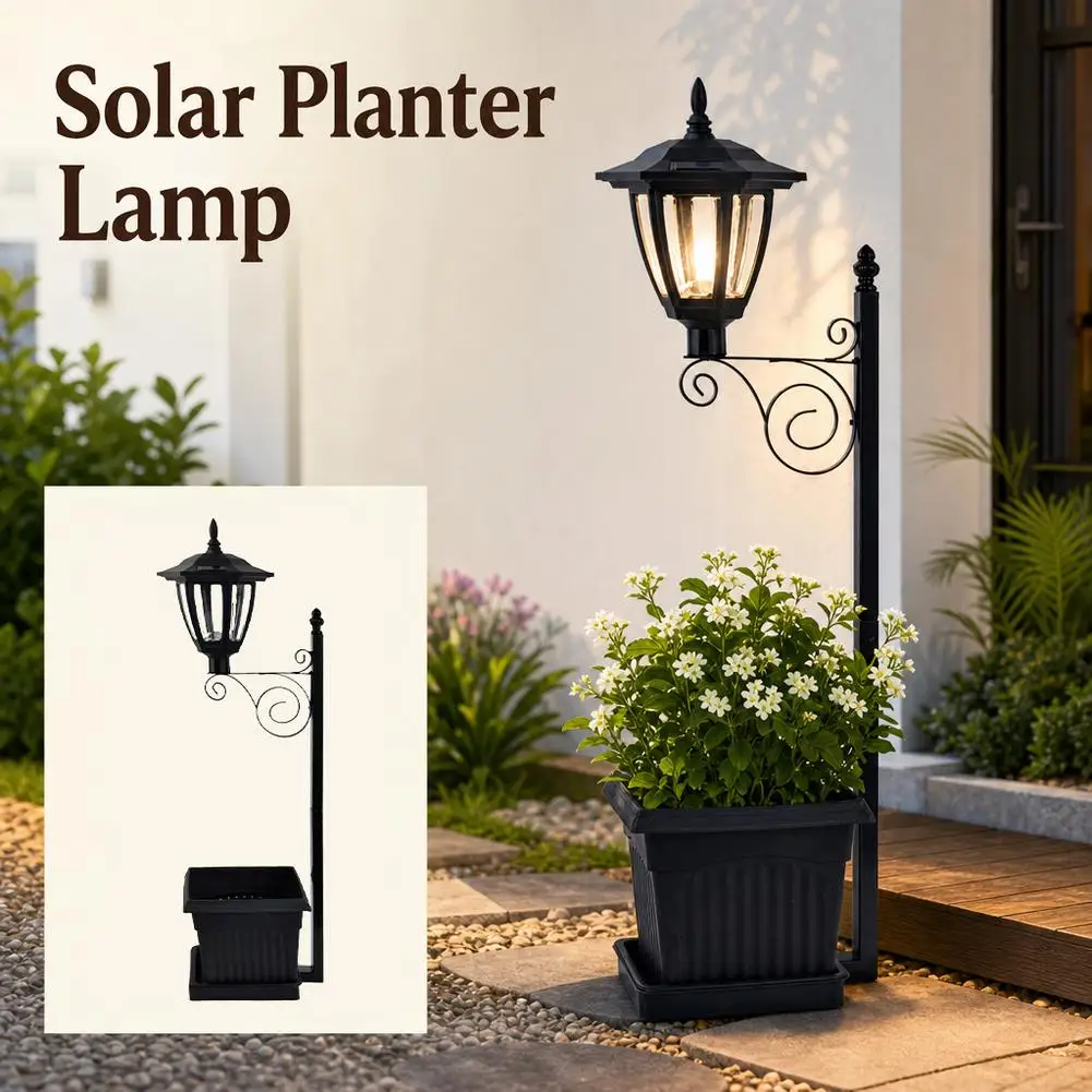 Solar Garden Light Iron Street Lamp Ornament With Planter Pot Ground Stake For Yard Lawn Patio Outdoor Landscape Decor Lamp