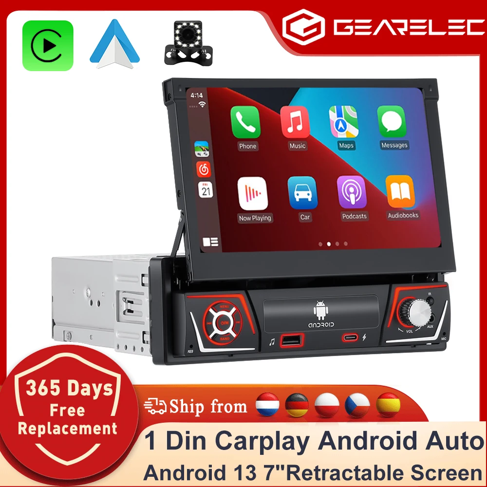 GEARELEC 1-DIN Autoradio Android Carplay Auto Universal 7-Zoll IPS Ausfahrbarer Bildschirm GPS-Navigation 1-DIN Android 14 Auto-Multimedia-Videoplayer Carplay-Bildschirm