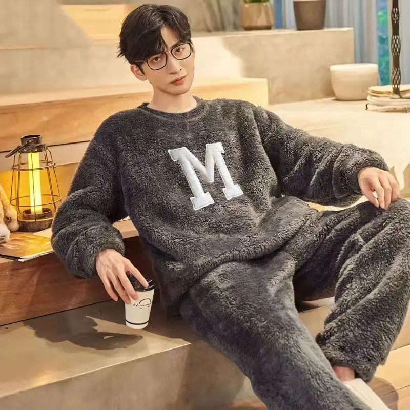 

Letter Pajamas for Men Fleece Winter Sleepwear Korean Sleeping Night Wear O-neck Pijama 2 Pcs Pants Sets Warm Home Suit 2024 New