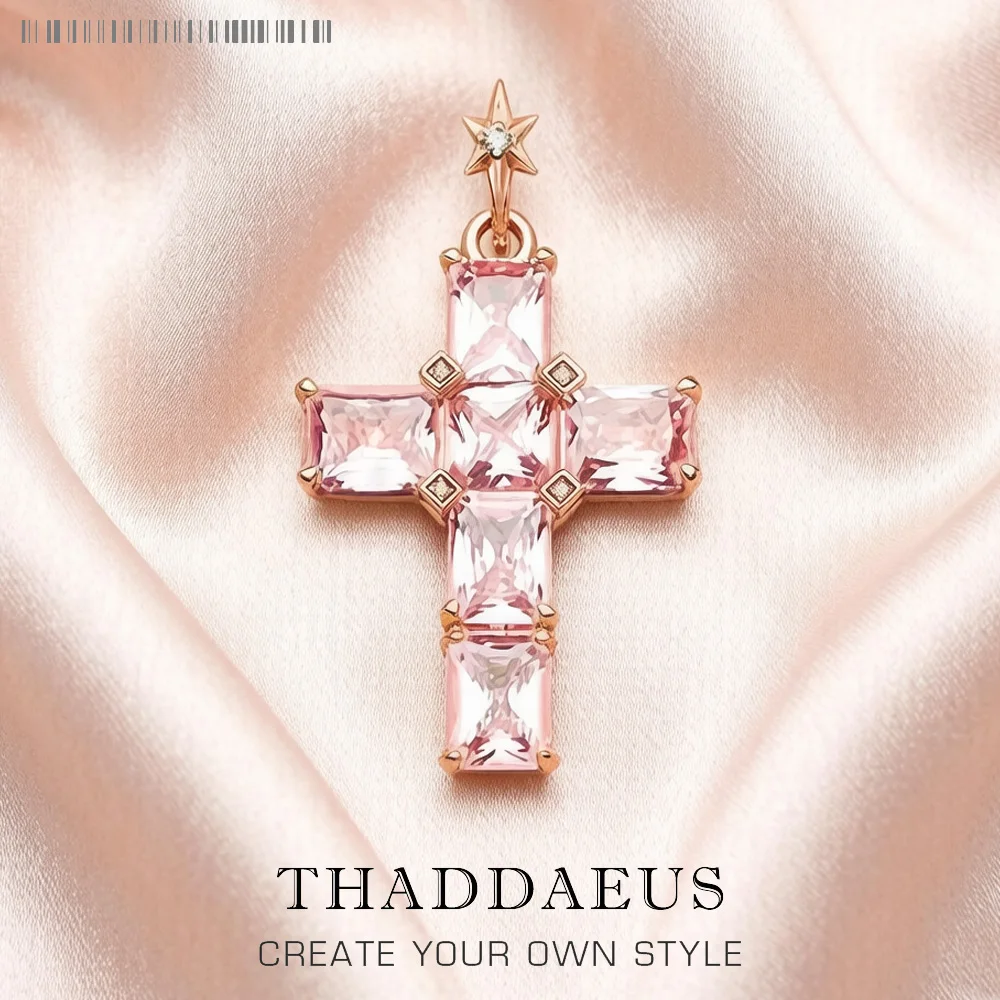 

Pendant Cross With Pink Stones And Star Rose Gold Plated Brand New Fine Jewelry Europe 925 Sterling Silver Gift For Woman
