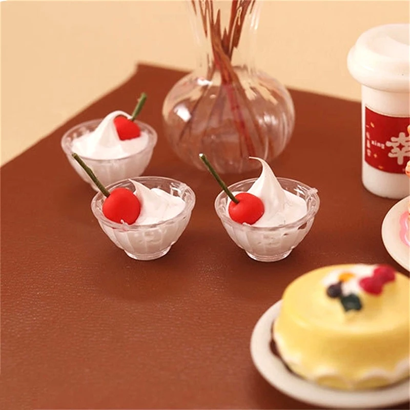 2Pcs 1:12 Dollhouse Miniature Cherry Cream Cup Ice Cream Cup Model Kitchen Food Scene Accessories For Doll House Decor Kids Toy