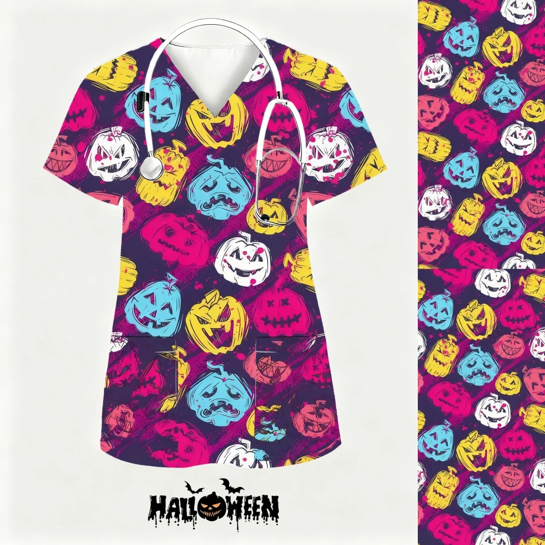 المئزر السريري امرأة العمل موحدة طباعة المجمدة قصيرة الأكمام الخامس الرقبة القمم ممرضة موحدة امرأة ممرضة موحدة ملابس العمل