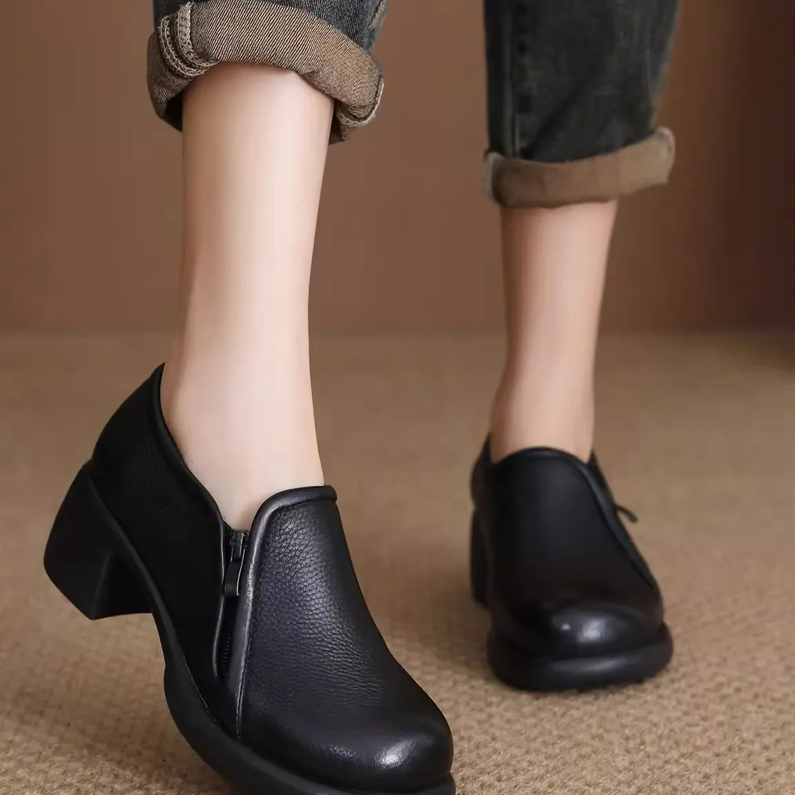 

Genuine Top Layer Cowhide Flats Women's Shoes Casual Versatile Soft Leather Thick Heel round Toe Rubber Outsole Fashionable