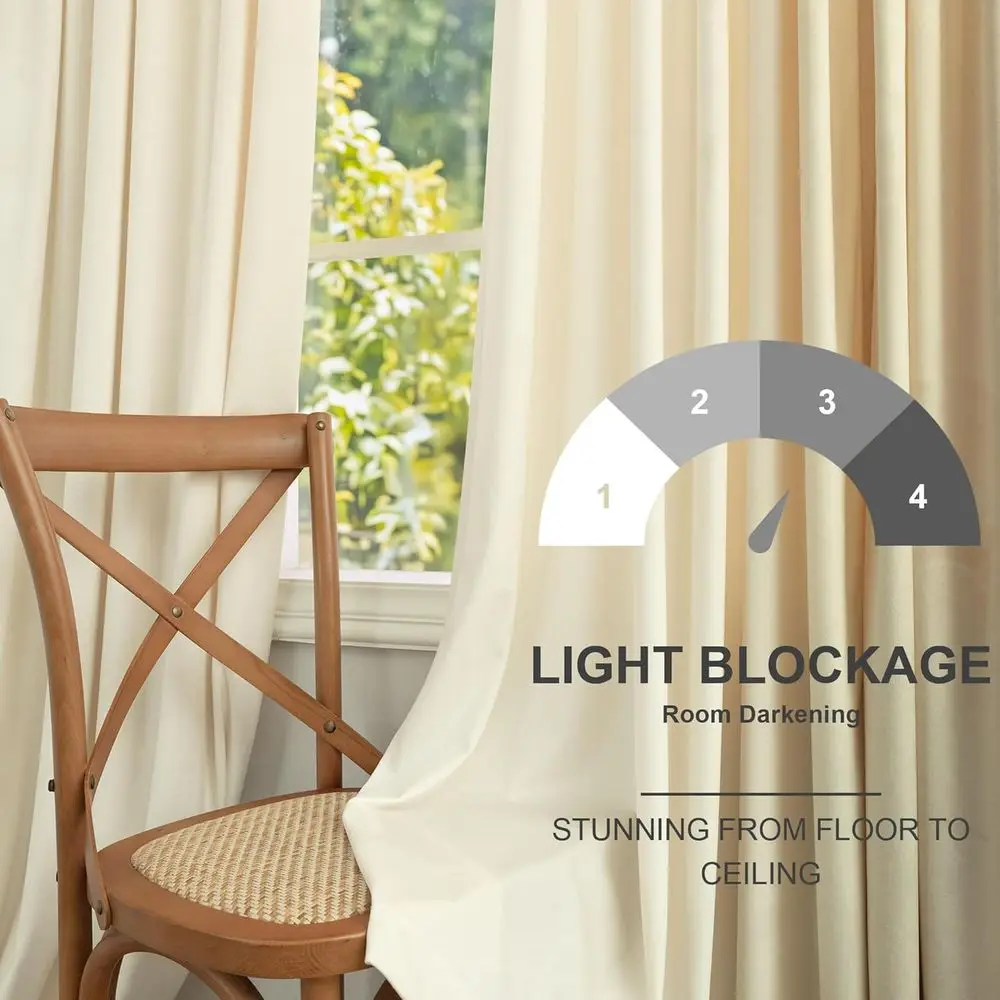 Luxury Cream Beige Velvet Curtains, 52x84, 2-Panel, Back Tab, Sound Insulation, Light Filtering for Living Room & Bedroom
