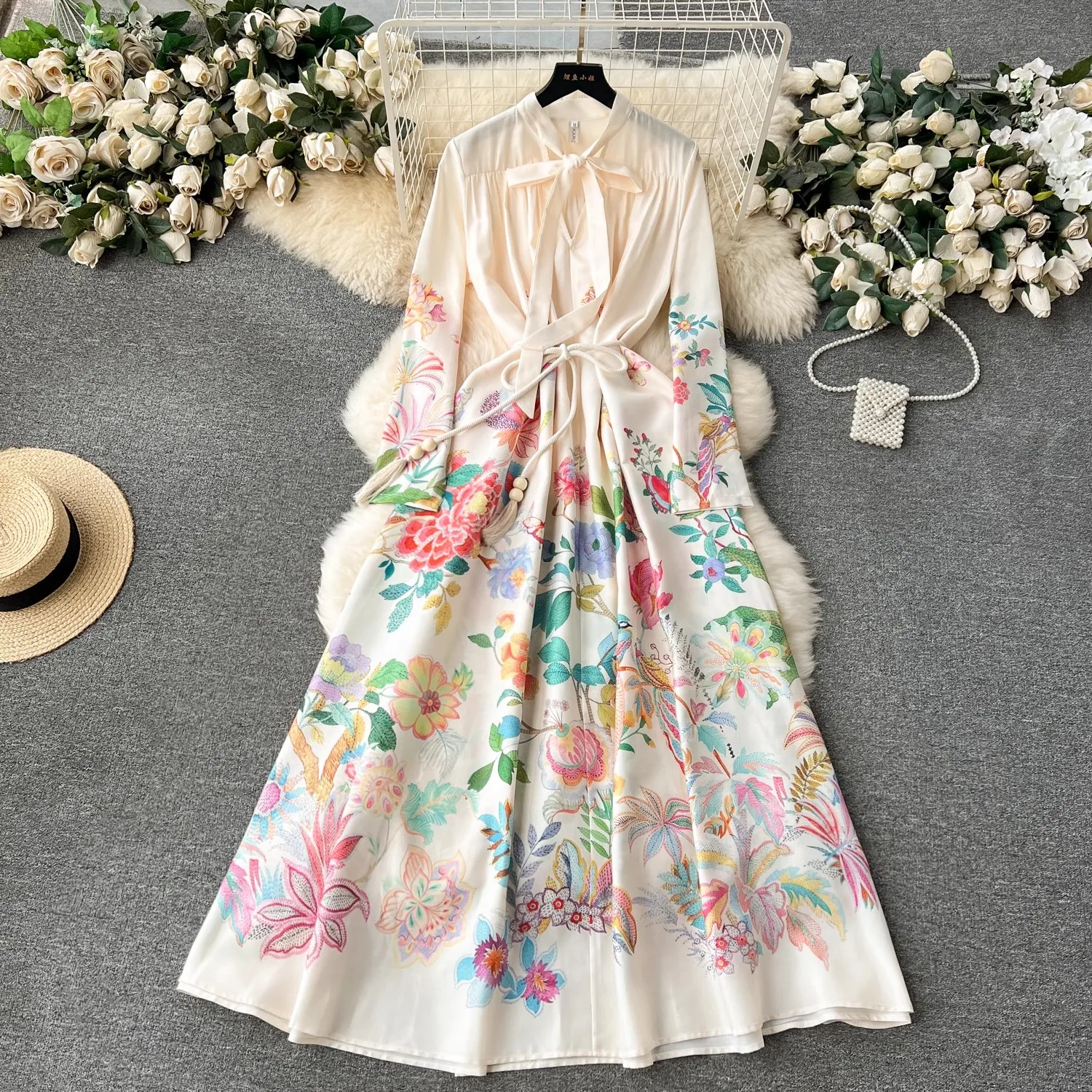 Bohemian Holiday Beach Loose Long Dress Vintage Women Lace Up Bow V Neck Gorgeous Flower Print Tassel Belt Linen Vestidos Robe