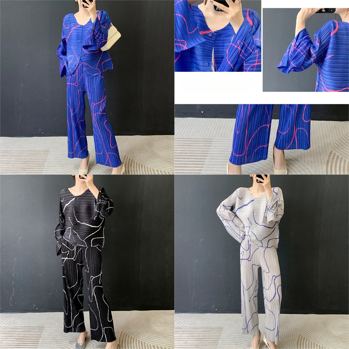 

Miyake Pleated 2025 Spring New Printing Folded Sleeve Suit Round Neck Long-sleeved Top + Casual Straight Trousers Two-piece Tide