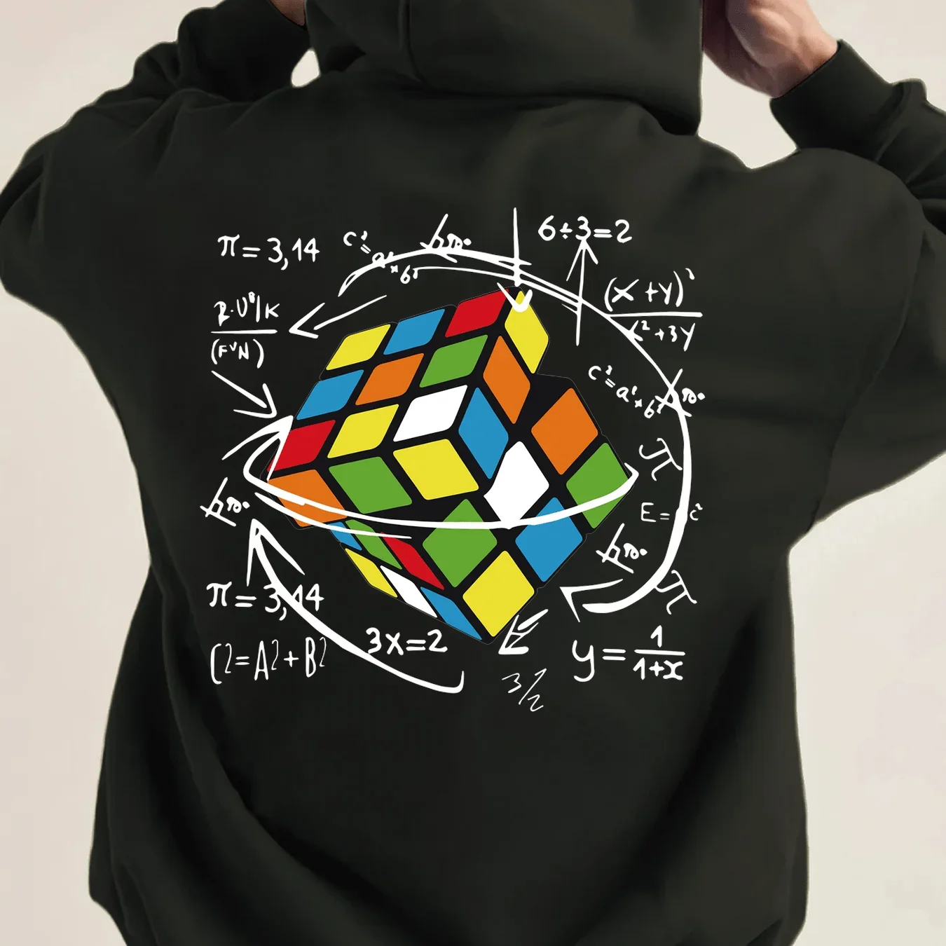Men's Geek Hoodie Rubik's Cube Math Formula Chalkboard Graphic Back Print Oversized Pocket Pullover Sweatshirt Streetwear