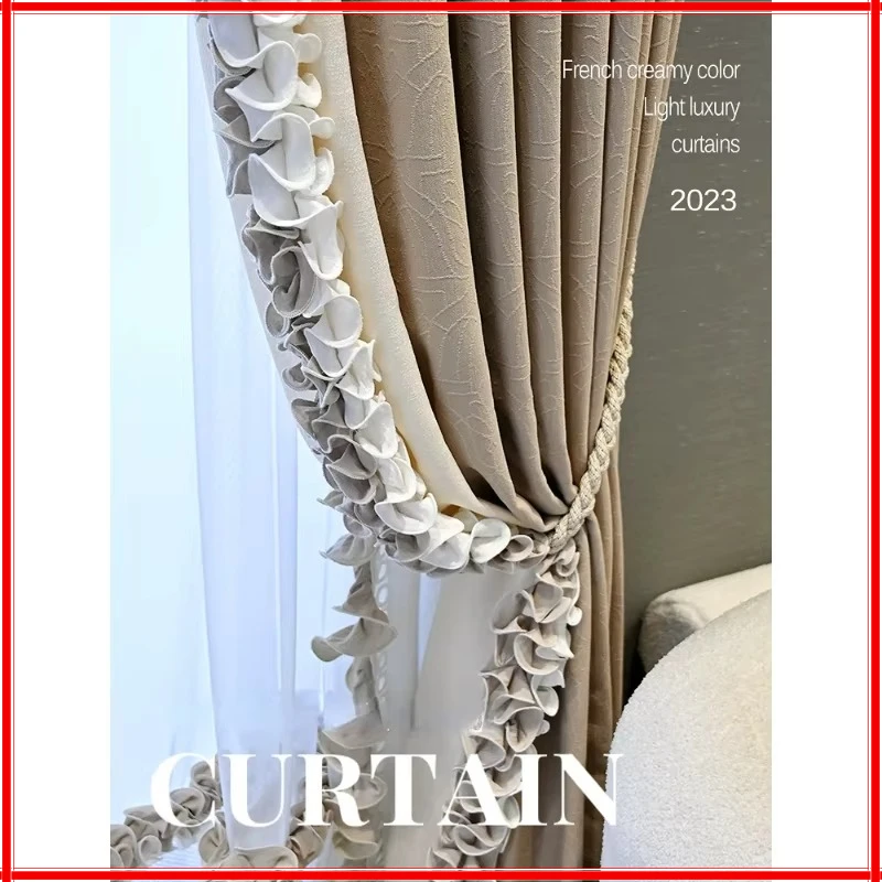 

French European Curtains for Living Room Cream Milk Tea Bedroom Agaric Lace Tulle Valance Home Custom