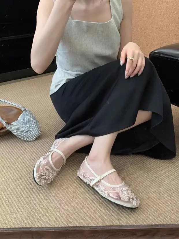 Mesh Embroidery String Bead Design Women Ballet Flats Fashion Buckle Breathable Mary Jane Shoe Comfort Low Heel Soft Flat Sandal
