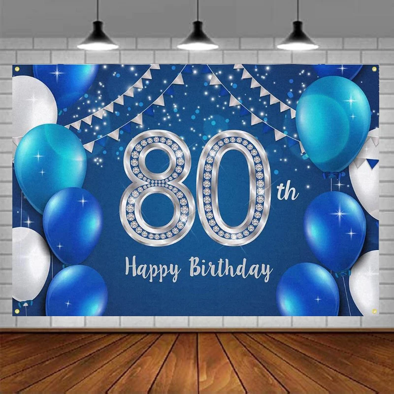 Photography Backdrop Happy 80 Years Old 80th Birthday Decorations Party Background Banner Supplies For Women Men Blue Silver