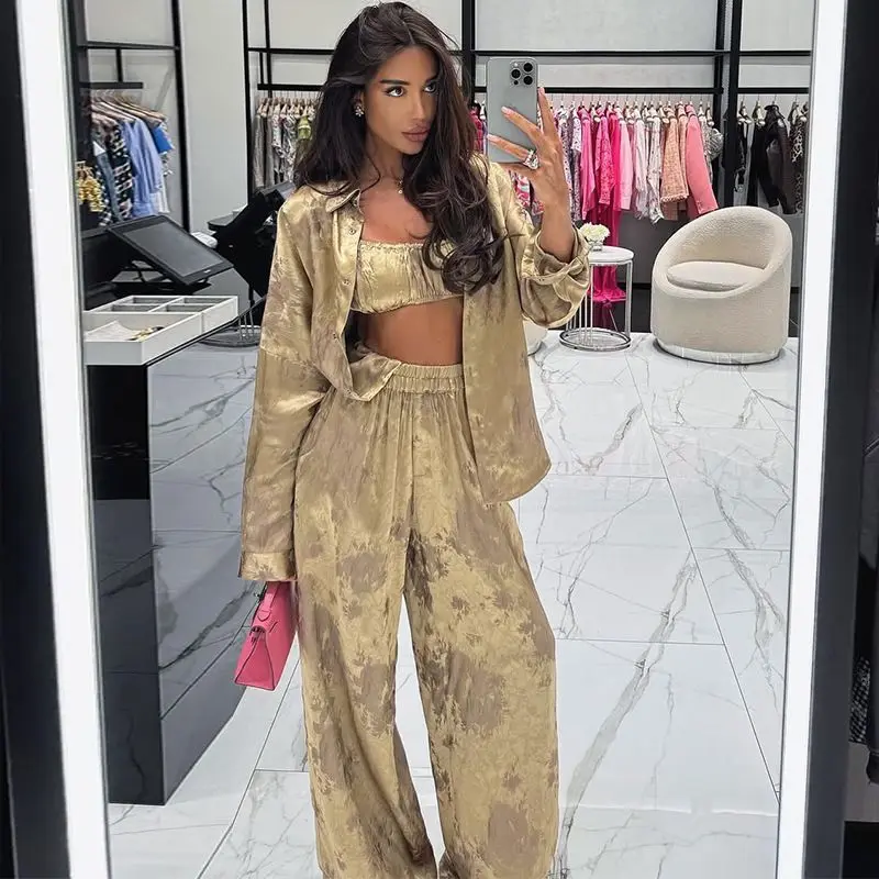 

European and American women's summer new fashion lapel long sleeved shirt strapless wide leg pants three piece set