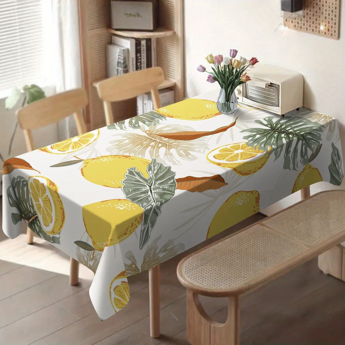 Summer Lemon Palm Leaves Print Tablecloth for Table Decor Tropical Green Leaf Plants Kitchen Dining Table Cloth Party Decoration