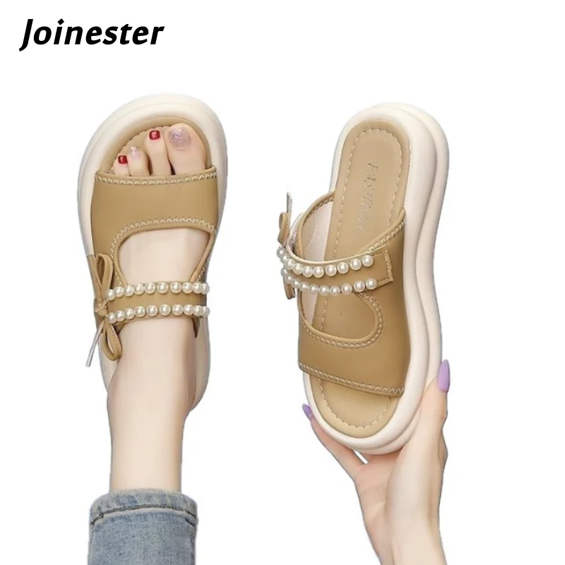 

Women Open Toe Trifle Heel Summer Slipper with Butterfly-Knot Girl's Fashion Outdoor Beach Mules Female Pearls Footwear