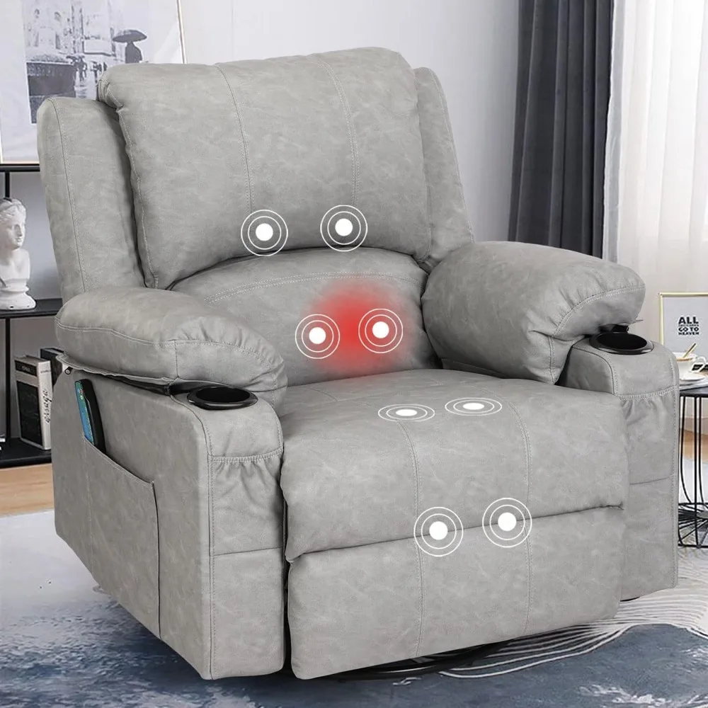 

Swivel Recliner Chairs with Massage and Heat, Overstuffed Leather Rocker Recliner Chair for Adults, Manual Rocking Single Sofa