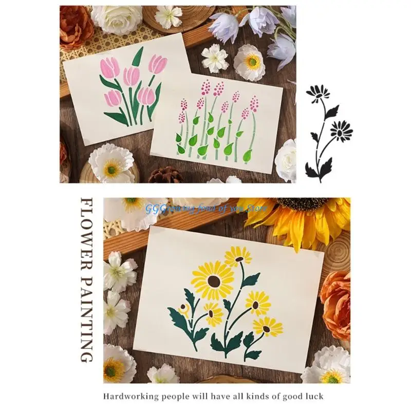 

H9EB 6 Pcs Plant Drawing Templates Stencils Flowers Stencils PET Painting Stencils
