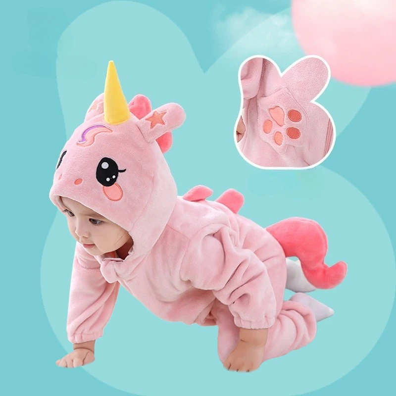 Newborn Kigurumis Baby Girl Clothes Romper Lovely Unicorn Infant Onesie Bodysuit Cartoon Zipper Flannel Animal Cosplay Jumpsuits