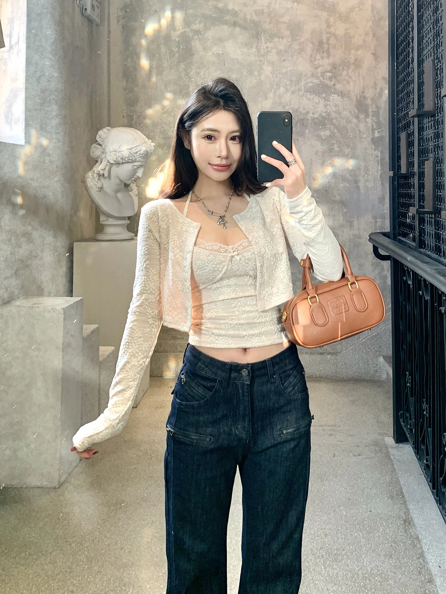 

ay Lace Trimmed Crop Top And Long Sve Open Cardigan Set Casual Sle Women's Faion Two-Piece Ensemble with Floral Embr...