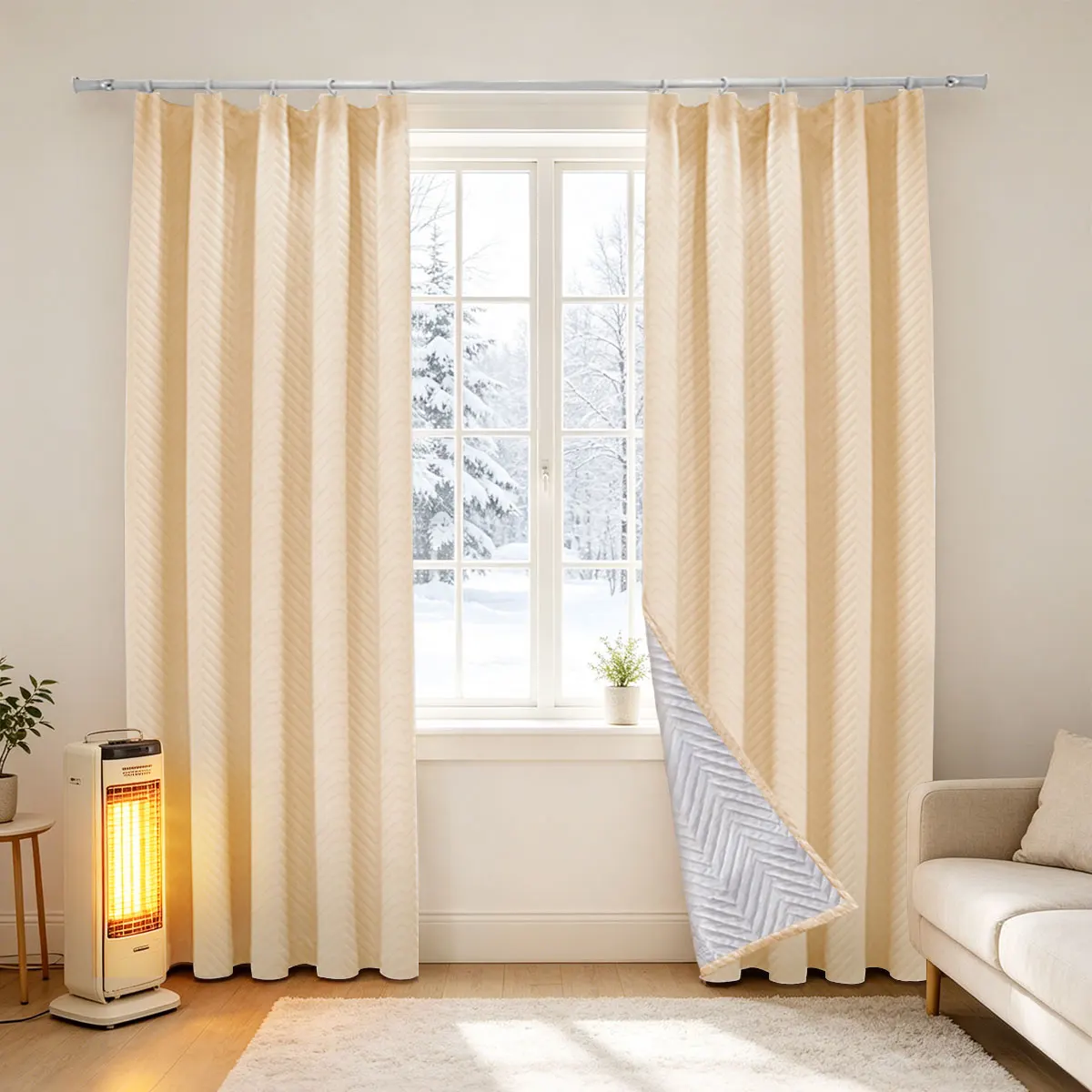 Beige Chevron Quilted Thermal Door Curtain Window Drapes 2Pcs,4-Prong Hook Medium Shading Windproof Insulated Patio Door Cover