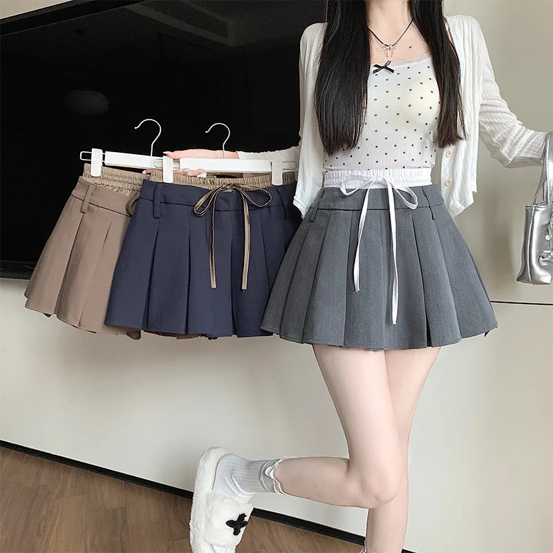 2024 New Women's Autumn Cute Spliced Elastic Waist Mini Skirt Bow Design Casual Y2K All match Gray Black Pleated Skirt