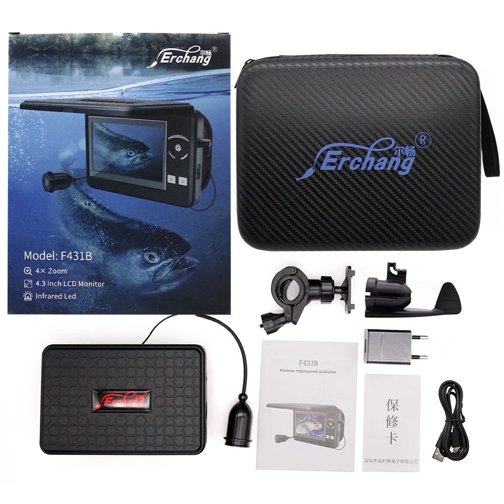 Erchang-Fish Finders Câmera de Vídeo Pesca Subaquática, Cabo 15m, 4. Monitor de 3 polegadas, impermeável, LEDs infravermelhos, Pesca no Gelo, 4 pcs