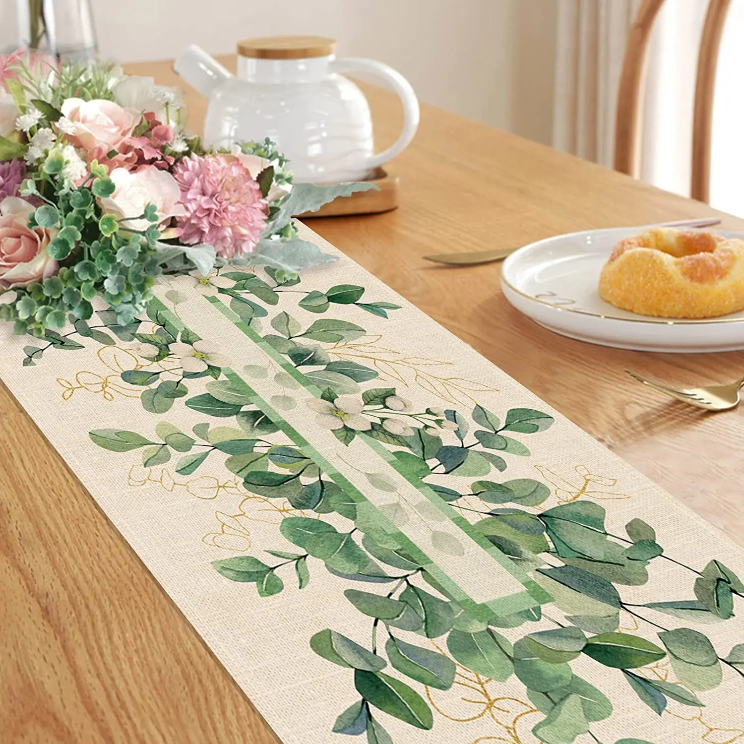 Dogwood Flower Linen Table Runner, Anniversary Holiday Kitchen Table Decoration Table Runner Home Dinner Party Accessories