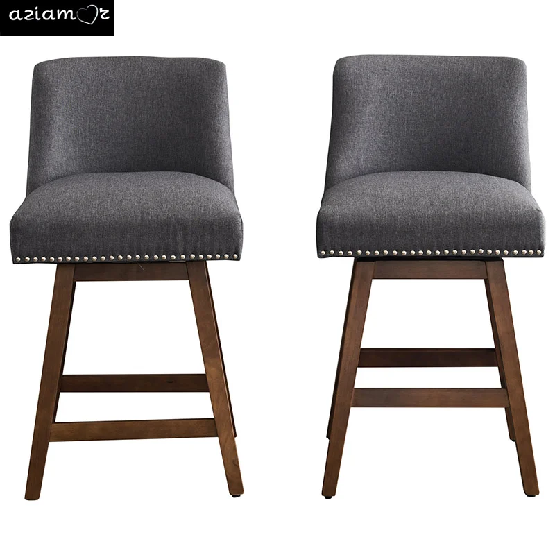 Estofados giratória Bar Stools Set, costas altas, balcão fezes com design cabeça prego e moldura de madeira, tecido de linho moderno, conjunto de 2,26 polegadas