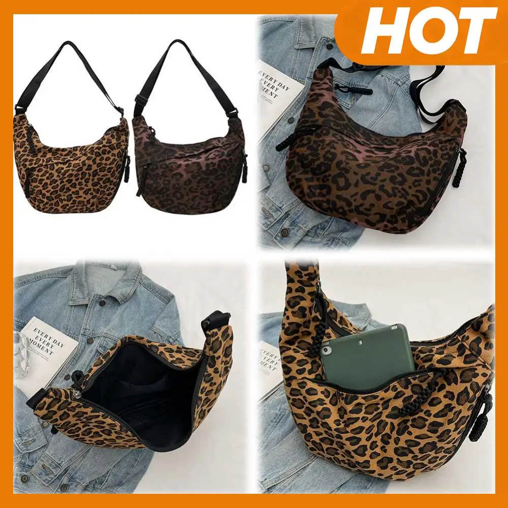 

Women Fashion Shoulder Bag Multi-pockets Leopard Print Crescent Crossbody Bag Large Capacity Adjustable Strap Simple Satchel Bag