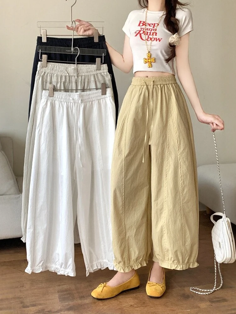 

Loose Casual Pants Women's Summer Thin Nine Points Lantern Pants High Waist Wide Leg Pants Wooden Ear Style Polyester Fiber