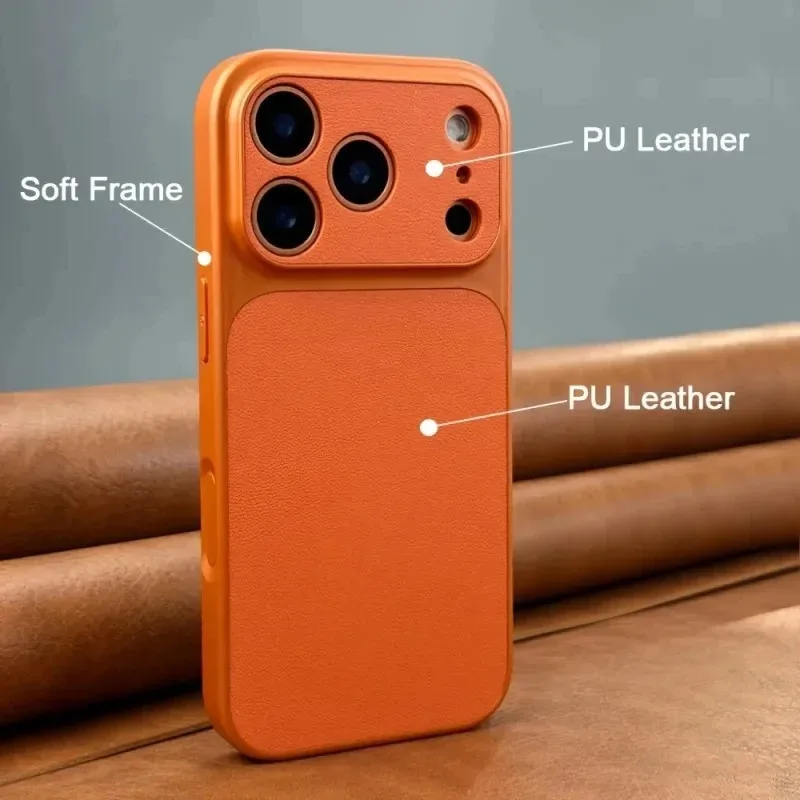 Funda de cuero de grano de lichi de color sólido de lujo, protectora antideslizante y a prueba de golpes para iPhone 17 Pro Max 16 15 14 13 2