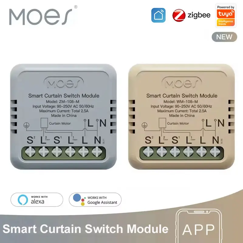 

MOES ZigBee / WiFi Smart Mini Curtain Switch Module Tuya For Rocker Reset Switch App Remote Control Work With Google Home Alexa