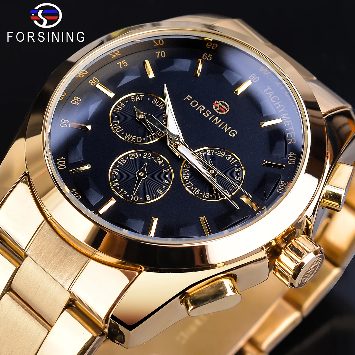 

Forsining Black Business Mechanical Men Watch Automatic 3 Sub Dial Date Golden Steel Band Dress Wristwatch Clock Hour Time Reloj