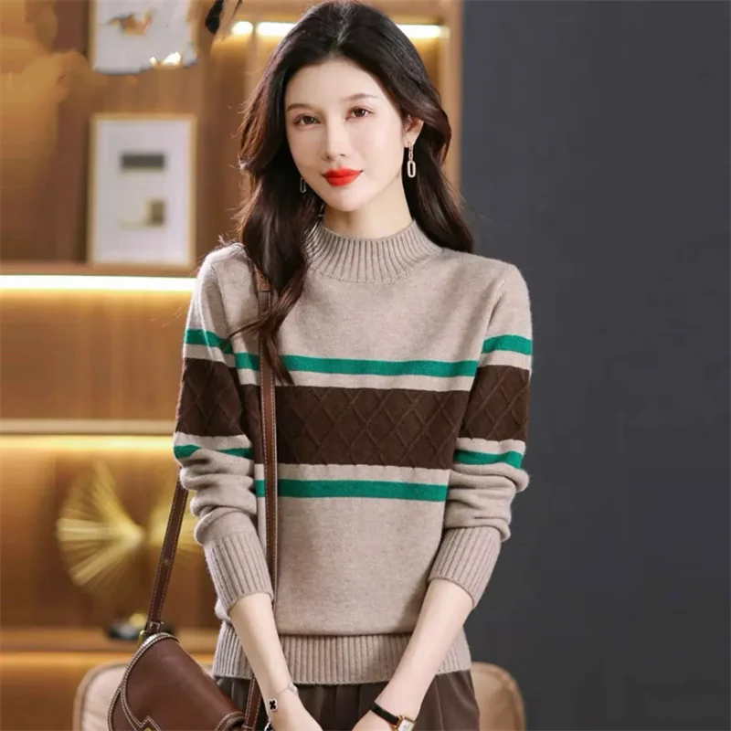 

Women Sweater 2024New Autumn Winter Color Blocking Knitted Sweaters Long Sleeve Half Turtleneck Jumper Soft Warm Pull Femme Tops