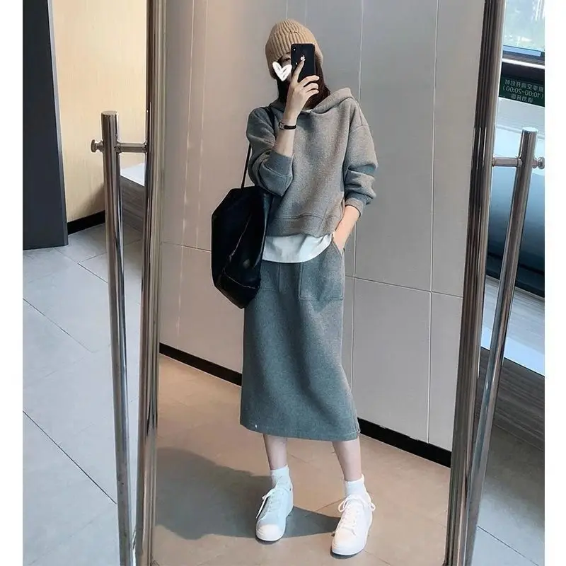 

2025 плюс размер, осенне-зимний комплект из толстовки и полуюбки, модная юбка, комплект из двух предметов для похудения для женщин более 200 фунтов