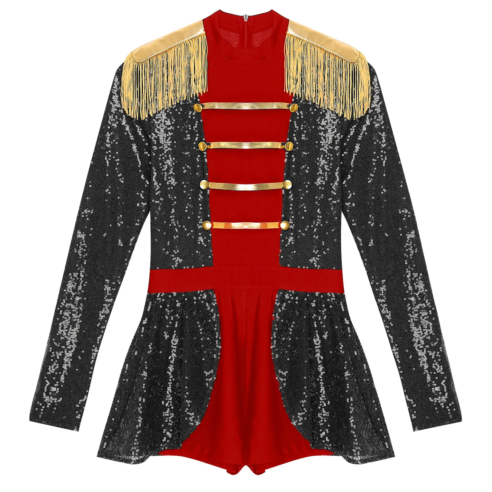 Womens Sparkly Sequin Showman Leotard Circus Ringmaster Cosplay Outfit Costume Tassel Shoulder Boards Skirted Boyshorts Bodysuit