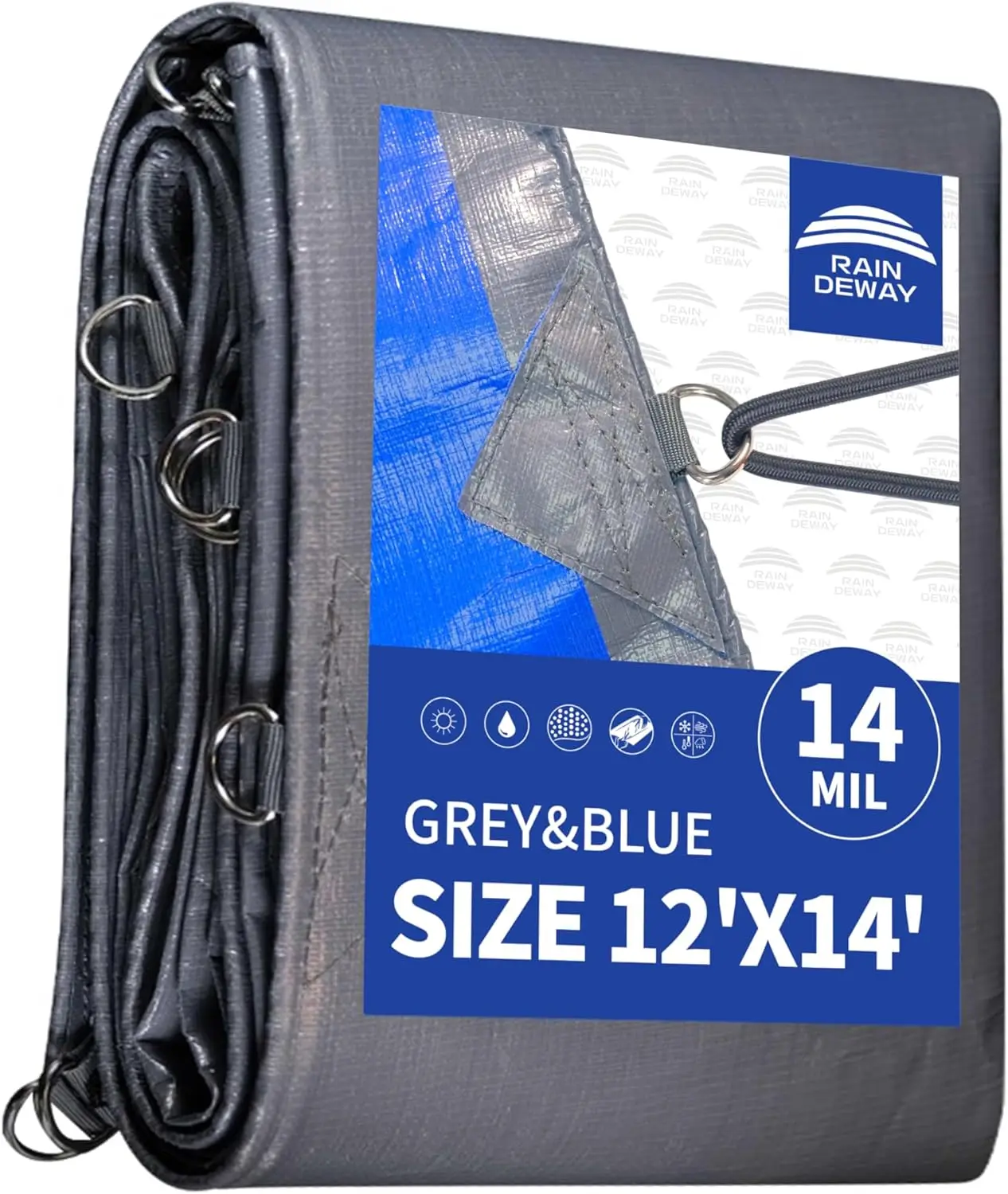 

Heavy Duty Waterproof Tarp 12x14ft - 14 Mil Thick, UV Resistant, Multipurpose Poly Tarp with Reinforced Edges & Grommets, Blue/Gray