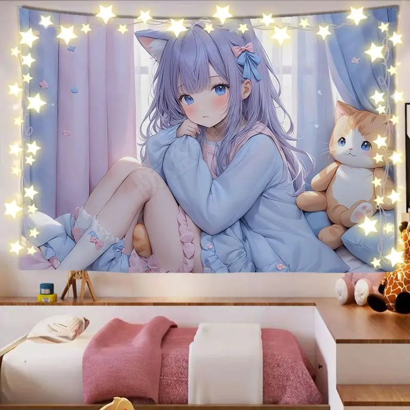 VIKAMA Purple Hair Cat Ear Girl Cat Tapestry Wall Hanging Home Decor for Bedroom Living Room Japanese anime Luoli Cute Cat