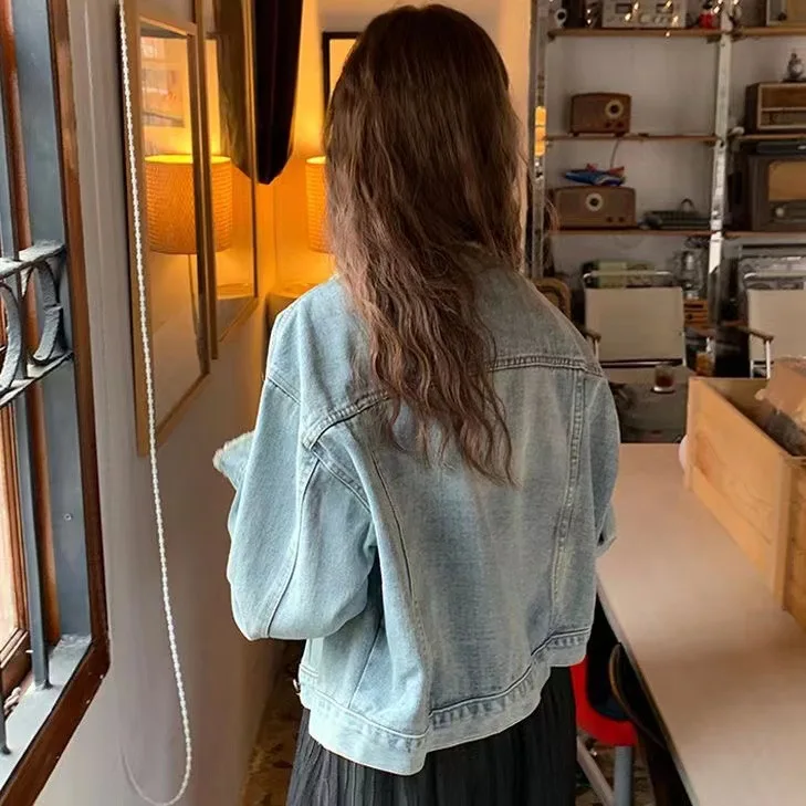 Giacca da donna Cappotto in denim lavato con nappe impiombate Colletto rovesciato Capispalla Mamma Jeans Cappotti Tasche a maniche lunghe Giacche vintage