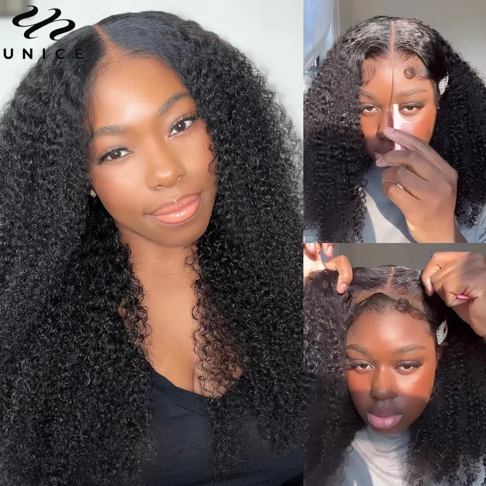 Unice Hair Bye Bye Knopen Pruik Kinky Curly Natural Black 7X5 Lace Front Pruik Voor Vrouwen Pre Geplukt Glueless Wear Go Pruiken