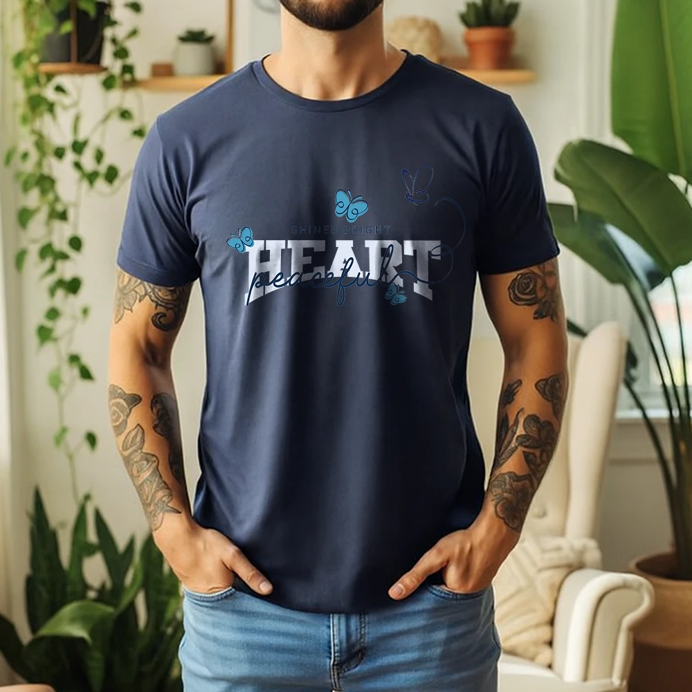 Mens 100% Cotton T Shirt Peaceful Heart Shines Bright Butterfly Floral Script Letter Print Breathable Short Sleeve Daily Wear