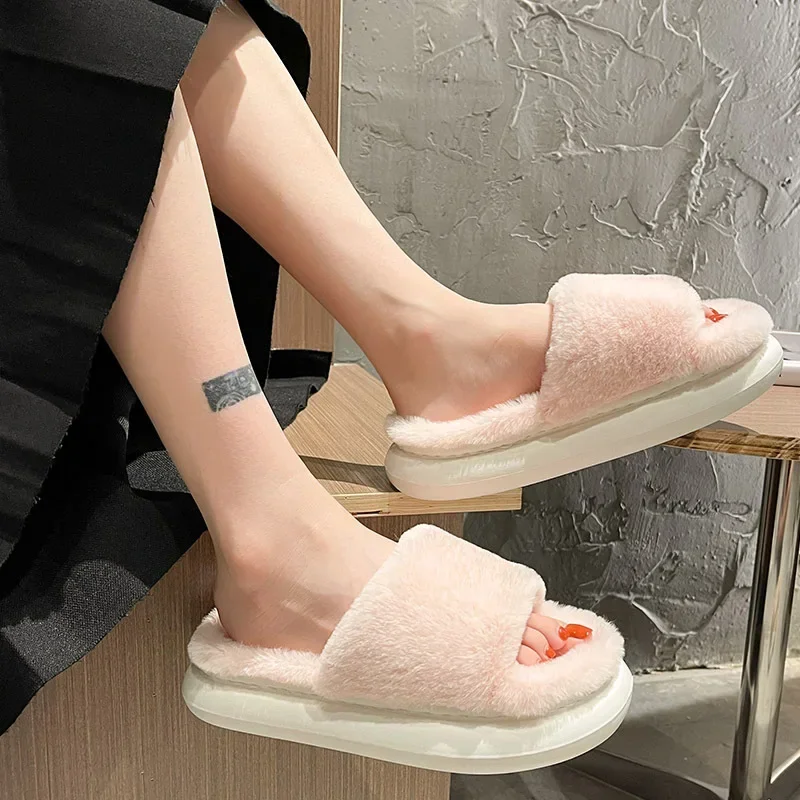 2022 Winter Women\'s Slippers Thick-bottomed Fur Furry Slides for Home Soft Platform Indoor House Warm lady Cotton Shoes