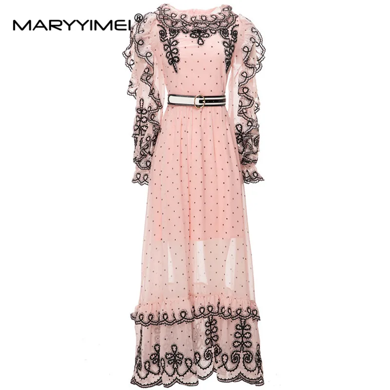 MARYYIMEI Fashion Runway Spring Dress Women Polka dot Embroidery Lantern Sleeve Ruffled Belted Elegant White Dress