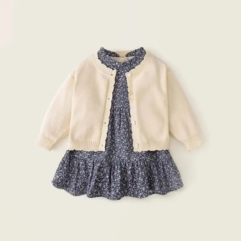 

2-7Y Spring Autumn New Fashionable Fresh Dress Baby Kinds Knitted Cardigan+Dress 2 Piece Set for Children