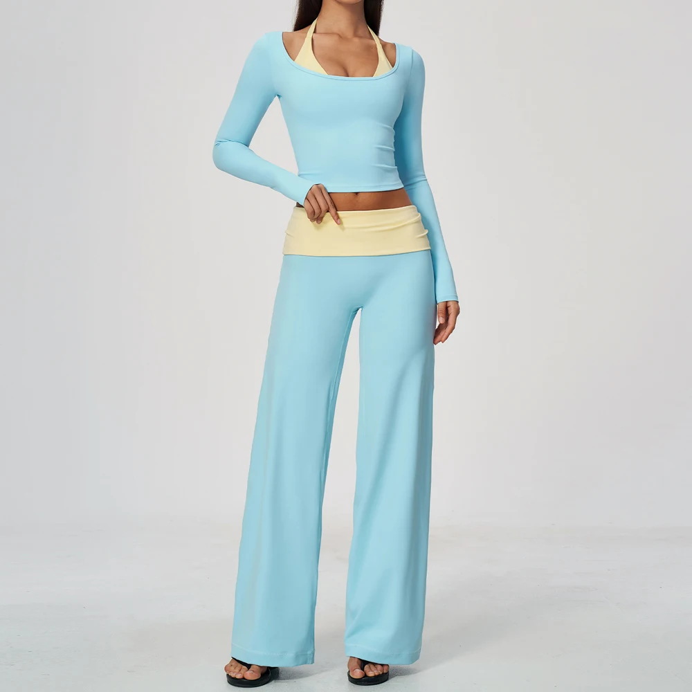 2-teiliger Yoga-Trainingsanzug für kurvige Frauen, kontrastfarbenes, dehnbares, langärmeliges Crop-Top, umklappbare Taille, weit geschnittene Hose, passendes Set – Detail 6