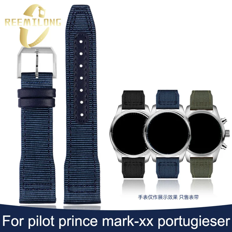 Nylon canvas cowhide bottom watch strap 20 21mm black blue green men watchband bracelet For IWC pilot prince mark-xx portugieser