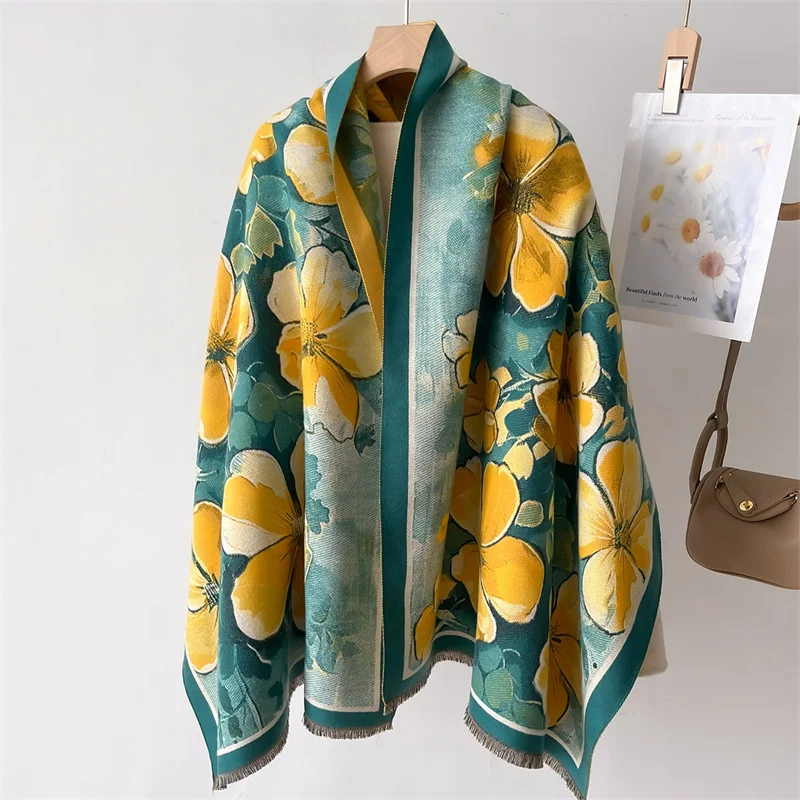 2024 Elegant Floral Painting Cashmere Scarf for Women Warm Winter Pashmina Shawl Foulard Femme Blanket Scarves Wraps