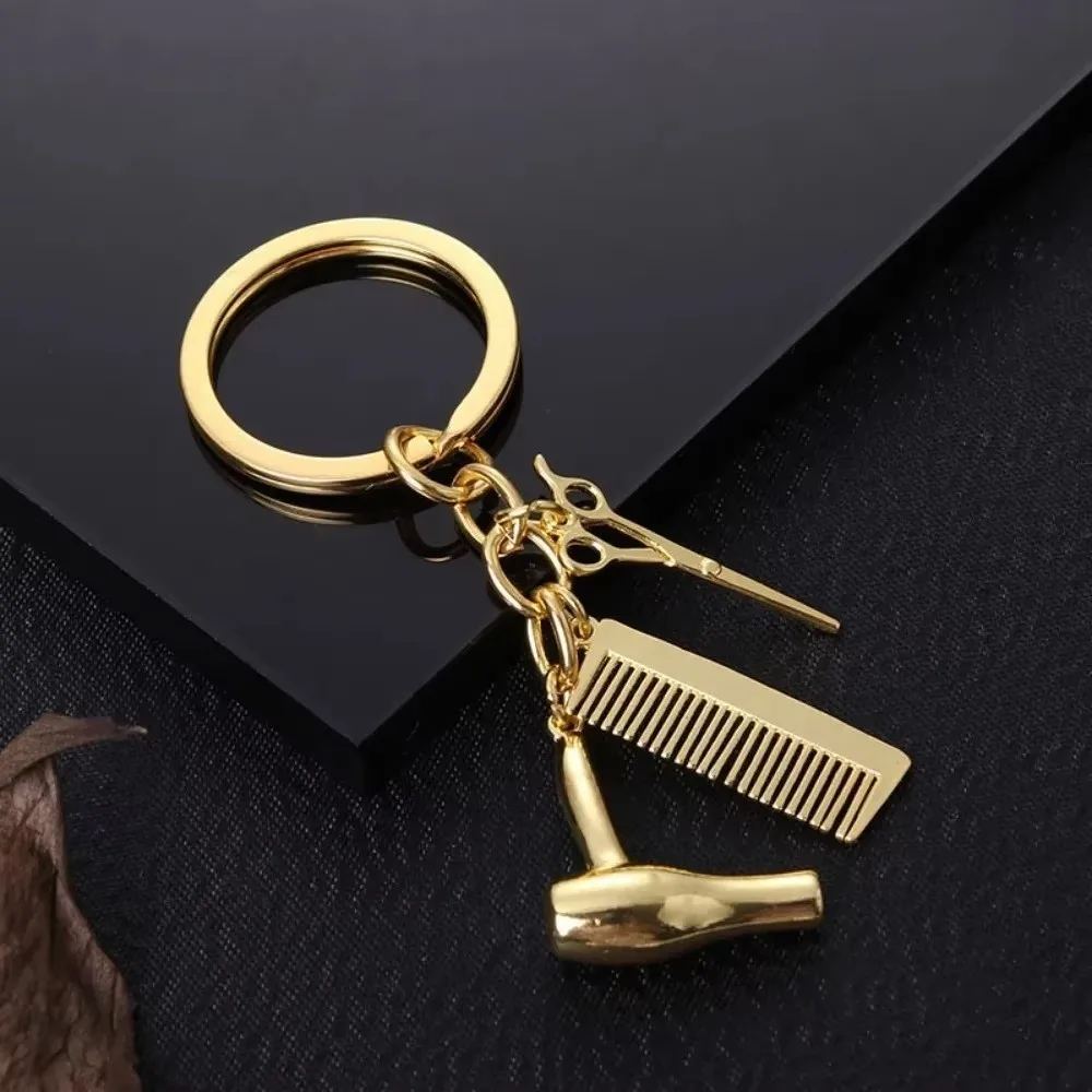 Fashion Accessory Mini Comb Barber Keychain Hair Dryer Metal Keyring Hanging Ornament Car Key Holder Bag Decoration
