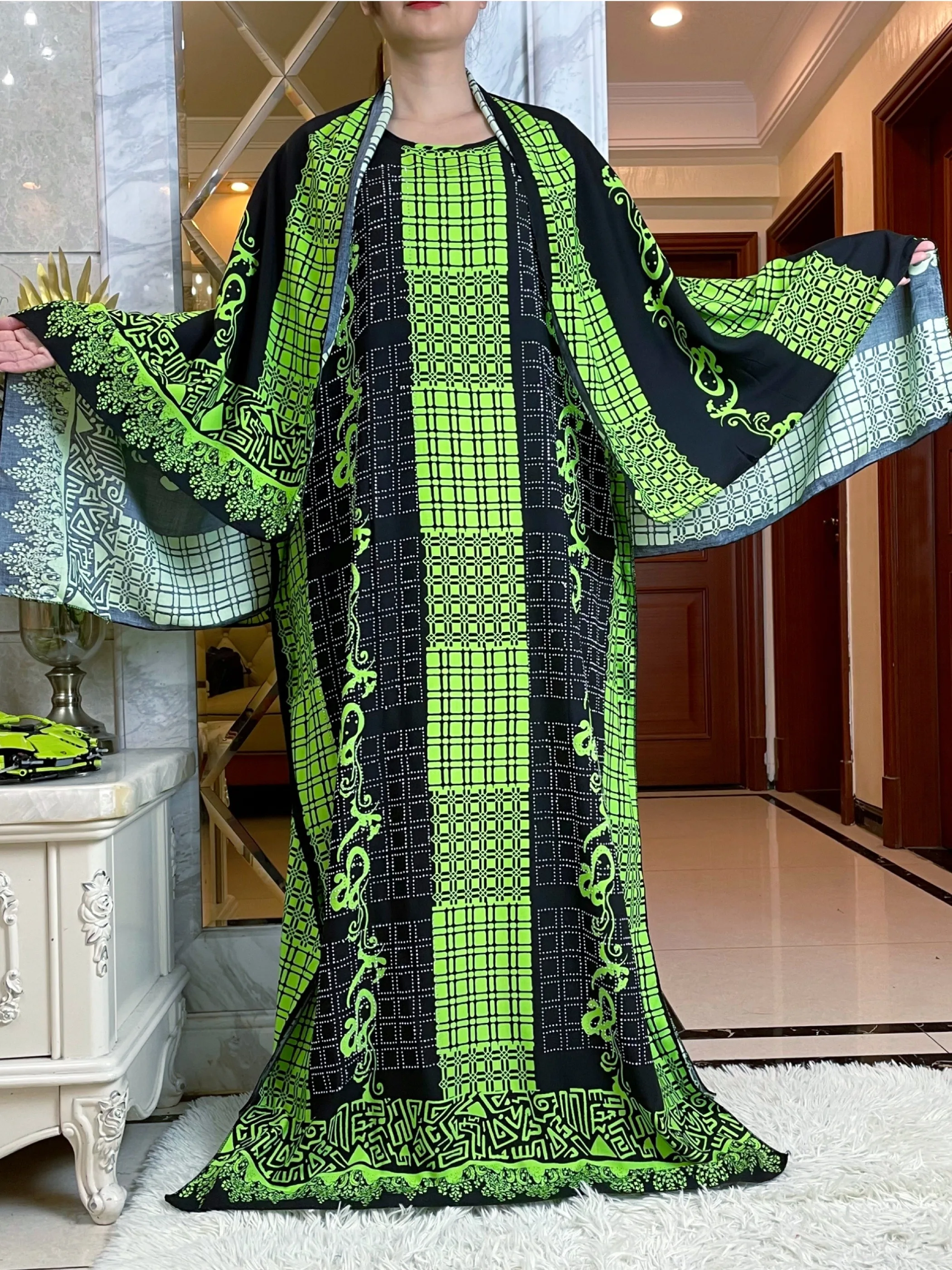 2024Summer African Short Sleeve Cotton Dress With Big Scarf Loose Printed Floral Boubou Maxi Islam Women Diamonds Abaya Clothes