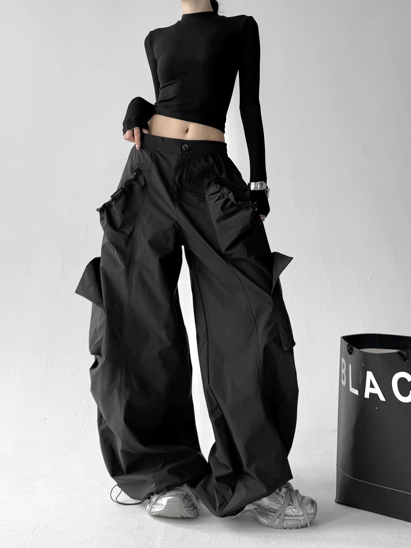 الأمريكية الرجعية المظلة عالية الخصر واسعة الساق سراويل تقليدية المرأة الصيف التخسيس تصميم السراويل الطويلة ملابس العمل Sle