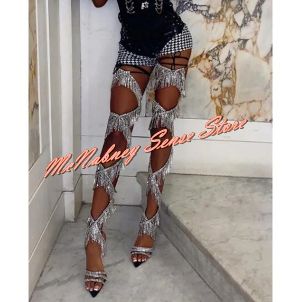 

Sexy Crystal Fringe Sandals Straps Wrapped Pointy Toe Lace Up Sandals Women Runway Shoes Thin High Heels Cross Tied Summer Shoes